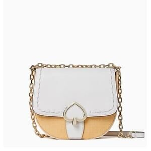 KATE SPADE Robyn Medium Chain Saddle Bag White Dove Leather Straw Nightcap